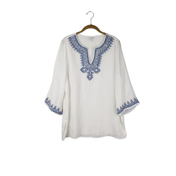 J Jill Love Linen Tunic Top Blue White Embroidered Beach Coastal Size Small - Picture 1 of 9